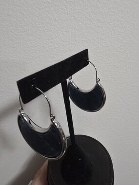 Silver Hoop Earrings with Teal Inset - Women Jewelry